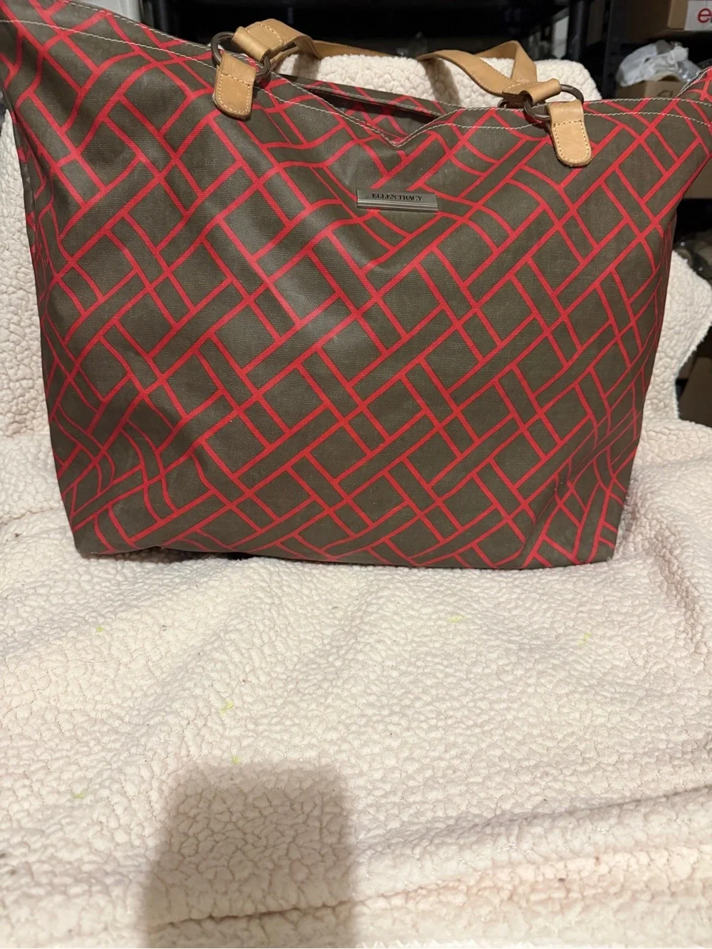 Ellen Tracy Brown Tote with Red Geometric Print and Tan Handles
